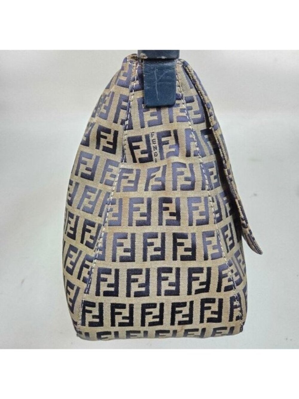 Fendi Mamma Zucca Bucket Baguette Navy Tan Flap Bag Purse Tote FF - Picture 9 of 16